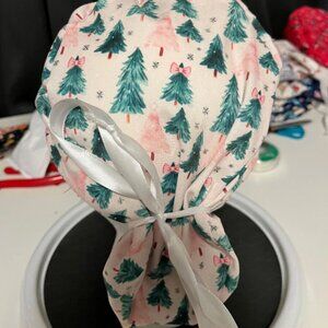 Pink and Green Coquette Christmas Tree Winter Bow Print Euro Ponytail Scrub Cap